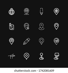 Editable 16 position icons for web and mobile. Set of position included icons line Position, Placeholder, Location, Yoga, Marker, Pinned on black background