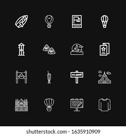 Editable 16 poster icons for web and mobile. Set of poster included icons line Sweater, Billboard, Hot air balloon, Hagia sophia, Iceland, War, Milkshake, Placard on black background