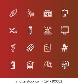 Editable 16 poster icons for web and mobile. Set of poster included icons line Billboard, Wild west, Easel, Free fall, Birthday card, Surfboard, Milkshake, Display, Iceland on red