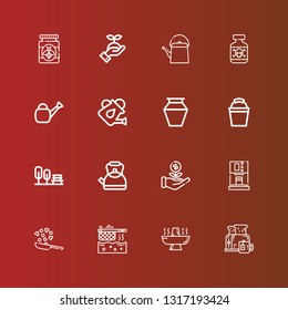 Editable 16 pot icons for web and mobile. Set of pot included icons line Breakfast, Hot pot, Fryer, Cooking, Coffee machine, Sprout, Kettle, Garden, Bucket, Pottery, Watering can on red