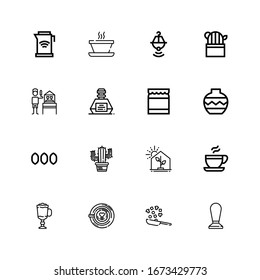 Editable 16 pot icons for web and mobile. Set of pot included icons line Coffee, Cooking, Latte, Cappuccino, Greenhouse, Cactus, Seeds, Vase, Honey, Inkwell on white background