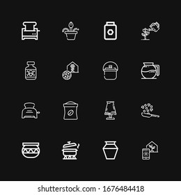 Editable 16 pot icons for web and mobile. Set of pot included icons line Greenhouse, Pottery, Pot, Cooking, Coffee bag, Toaster, Coffee maker, Kettle, Posion on black background