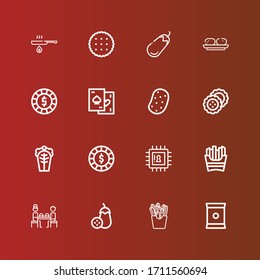 Editable 16 potato icons for web and mobile. Set of potato included icons line Chips, French fries, Aubergine, Fast food, Chip, Cabbage, Biscuits, Potato, Croquette, Eggplant on red
