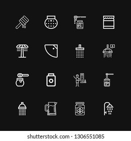 Editable 16 pouring icons for web and mobile. Set of pouring included icons line Shower, Honey, Pitcher, Showers on black background