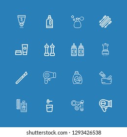 Editable 16 powder icons for web and mobile. Set of powder included icons line Hairdryer, Measuring spoons, Powder, Perfume, Seasoning, Detergent, Makeup, Salt on blue background