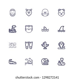 Editable 16 predator icons for web and mobile. Set of predator included icons line Snake, Fossil, Dinosaur, Crocodile, Eagle, Fins, Shark, Tiger, Polar bear on white background