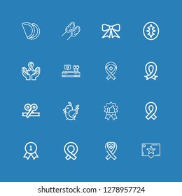 Editable 16 premium icons for web and mobile. Set of premium included icons line Recommendation, Ribbon, Quality, Chicken, Control, Sourdough, Pastry on blue background