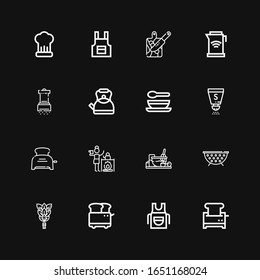 Editable 16 preparation icons for web and mobile. Set of preparation included icons line Toaster, Apron, Whisk, Grate, Cooking, Kettle, Salt, Soup, Cutting board on black background