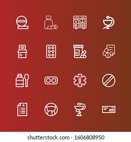 Editable 16 prescription icons for web and mobile. Set of prescription included icons line Medicine, Pharmacy, Prescription, Pill, Drugs, Syrup, Medical Vitamins on red