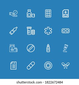 Editable 16 prescription icons for web and mobile. Set of prescription included icons line Pill, Pharmacy, Prescription, Medicine, Medicines, Drugs, Vitamins on blue background