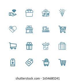 Editable 16 present icons for web and mobile. Set of present included icons line Shopping cart, Label, Price tag, Gift, Gift box, Mall, Confetti, Jewelry on white background