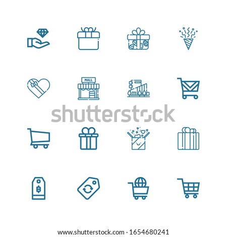 Editable 16 present icons for web and mobile. Set of present included icons line Shopping cart, Label, Price tag, Gift, Gift box, Mall, Confetti, Jewelry on white background