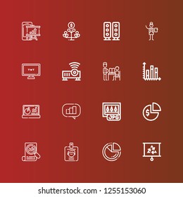 Editable 16 presentation icons for web and mobile. Set of presentation included icons line Presentation, Pie chart, ID, Stats, Jpg, Analytics, Chart, Teacher, Projector on red