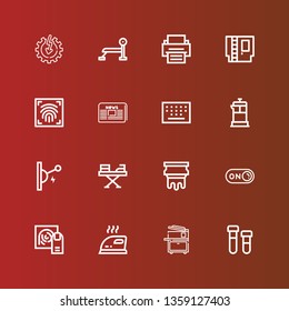 Editable 16 press icons for web and mobile. Set of press included icons line Printing, Copy machine, Iron, Fingerprint, Switch on, Silkscreen, Switch, French press, Keypad on red