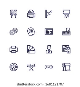 Editable 16 press icons for web and mobile. Set of press included icons line Printer, Switch on, Iron, Power, Fingerprint, News reporter, Swatches, Keyboard on white background