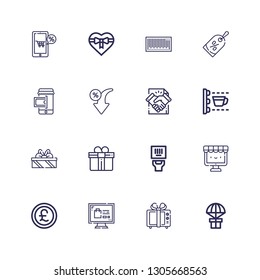 Editable 16 price icons for web and mobile. Set of price included icons line Gift, Online shopping, Pound, Ecommerce, Barcode, Gifts, Scan, Deal, Discount on white background