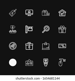 Editable 16 iconos de precio para web y móvil. Conjunto de precios incluidos iconos línea tienda en línea, código de barras, escáner, cupón, compra, regalo, signo, porcentaje, cantidad en fondo negro