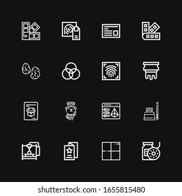 Editable 16 print icons for web and mobile. Set of print included icons line Filament, Delicious, Flyer, d printer, Ink, d printing, Dog, Certificate, Silkscreen on black background
