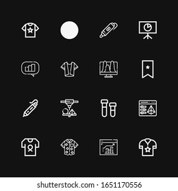 Editable 16 printing icons for web and mobile. Set of printing included icons line Shirt, Analytics, d printing, d pen, Bookmark on black background