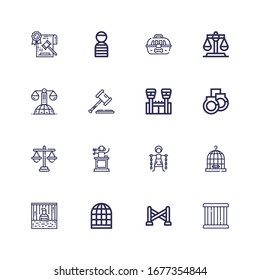 Editable 16 prison icons for web and mobile. Set of prison included icons line Cage, Police line, Bird cage, Prisoner, Slavery, Judge, Justice, Handcuffs, Jail on white background