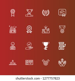 Editable 16 prize icons for web and mobile. Set of prize included icons line Ribbon, Medal, Diploma, Podium, Slot machine, Trophy, Success, Win, Competition, Winner on red