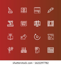 Editable 16 process icons for web and mobile. Set of process included icons line Layout, Memorize, Conveyor, Product release, Strategy, Rotate, Payment method, Design, Robot arm on red