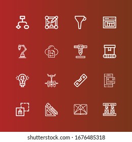 Editable 16 process icons for web and mobile. Set of process included icons line Robot arm, Section, Design tools, Graphic design, Payment method, Level, Conveyor, Creativity on red