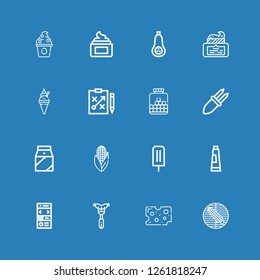 Editable 16 product icons for web and mobile. Set of product included icons line Corn, Cheese, Sausage, Landing page, Toothpaste, Ice cream, Milk, Chewing gum on blue background