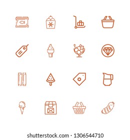 Editable 16 product icons for web and mobile. Set of product included icons line Sausage, Basket, Package, Ice cream cone, Jug, Price tag, Popsicle, Quality on white background