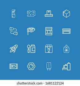 Editable 16 iconos de producto para web y móvil. Conjunto de productos incluidos iconos línea Scanner, Popsicle, huevo frito, comida enlatada, helado, paquete, comida para bebé, lanzamiento de cohete sobre fondo azul