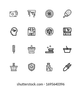 Editable 16 product icons for web and mobile. Set of product included icons line Corn, Milk, Guarantee, Basket, Toothbrush, Shopping basket, Ice cream, Supermarket on white background