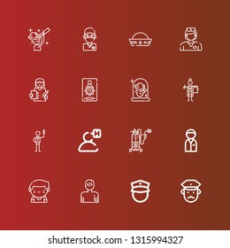 Editable 16 Profession Icons For Web And Mobile. Set Of Profession Included Icons Line Policeman, User, Barman, Welding, Nurse, Doctor, Scientist, Admin, Sailor Hat, Surgeon On Red