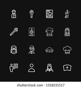 Editable 16 Profession Icons For Web And Mobile. Set Of Profession Included Icons Line Nurse, User, Chef, Sailor Hat, Park Ranger, Pilot, Doctor, Barman, Admin On Black Background