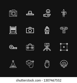 Editable 16 professional icons for web and mobile. Set of professional included icons line Baseball field, Hand, Stethoscope, Hat, Selection, Photo camera on black background