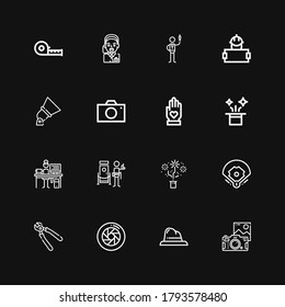 Editable 16 professional icons for web and mobile. Set of professional included icons line Camera, Hat, Shutter, Pliers, Baseball field, Doorman, Programmer on black background