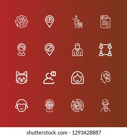 Editable 16 profile icons for web and mobile. Set of profile included icons line Man, Setup, Woman, Avatar, Human, User, Cat, Network, Placeholder, CV on red