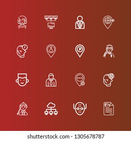 Editable 16 profile icons for web and mobile. Set of profile included icons line CV, Serial killer, Network, Man, Mind, Placeholder, Avatar, Businessman, Woman on red