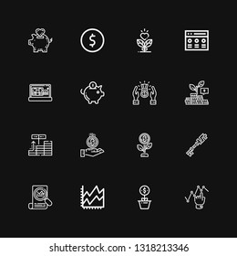 Editable 16 profit icons for web and mobile. Set of profit included icons line Graph, Growth, Line chart, Stats, Investment, Coin, Profit, Piggy bank, Rate on black background