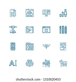 Editable 16 program icons for web and mobile. Set of program included icons line Graphic designer, Programmer, Web design, Typography, Css, Bug, Layout, Coding on white background