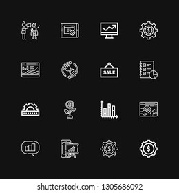 Editable 16 progress icons for web and mobile. Set of progress included icons line Cogwheel, Settings, Analytics, Chart, Growth, Sale, Waiting, Line chart on black background