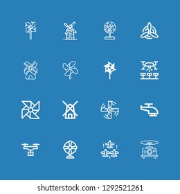 Editable 16 propeller icons for web and mobile. Set of propeller included icons line Drone, Aircraft, Fan, Helicopter, Engine propeller, Mill, Pinwheel, Windmill on blue background