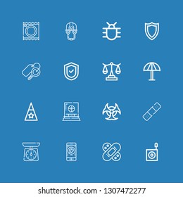 Editable 16 protect icons for web and mobile. Set of protect included icons line Bug, Bandage, Charity, Scale, Biohazard, Hat, Umbrella, Shield, Keys, Helmet on blue background
