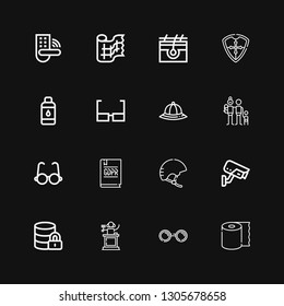 Editable 16 protection icons for web and mobile. Set of protection included icons line Tissue, Sunglasses, Judge, Hosting, Cctv, Helmet, GDPR, Glasses, Family on black background