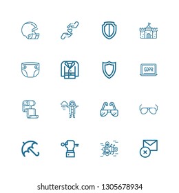 Editable 16 protection icons for web and mobile. Set of protection included icons line Delete, Bug, Key, Umbrella, Sunglasses, Raincoat, Bandage, GDPR, Shield on white background