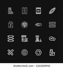 Editable 16 protein icons for web and mobile. Set of protein included icons line Diary product, Fried egg, Hummus, Bacon, Meat, Strength, Vitamins, Ribs, Salami on black background