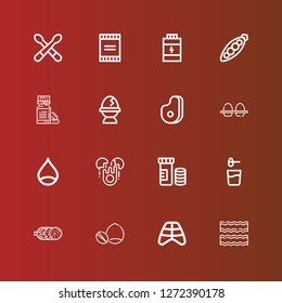 Editable 16 protein icons for web and mobile. Set of protein included icons line Bacon, Ribs, Nuts, Salami, Powder, Vitamins, Egg, Chestnut, Eggs, Meat, Vitamin, Peas, Proteins on red