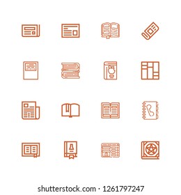 Editable 16 publication icons for web and mobile. Set of publication included icons line Book, Booking, Science book, Phone book, Newspaper, Books, Workbook on white background