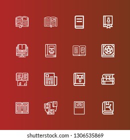 Editable 16 publish icons for web and mobile. Set of publish included icons line Book, Workbook, Books, Newspaper, Science book on red