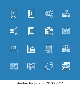 Editable 16 publish icons for web and mobile. Set of publish included icons line Book, Sharing, Books, Data share, Library, Share, Bookmark on blue background
