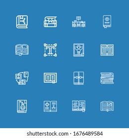 Editable 16 publishing icons for web and mobile. Set of publishing included icons line Book, Books, Magazine, Typography, Library on blue background